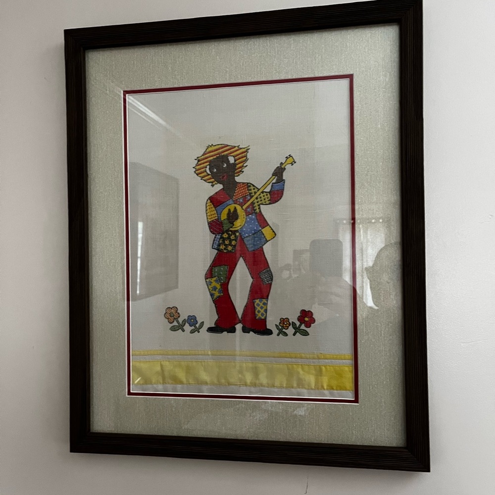 VINTAGE cloth print. Man playing banjo. Black Americana.